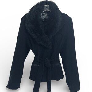 NWOT Last Kiss Black Pea Coat Women's Faux-fur Collar Belted Button Up Size X-LG